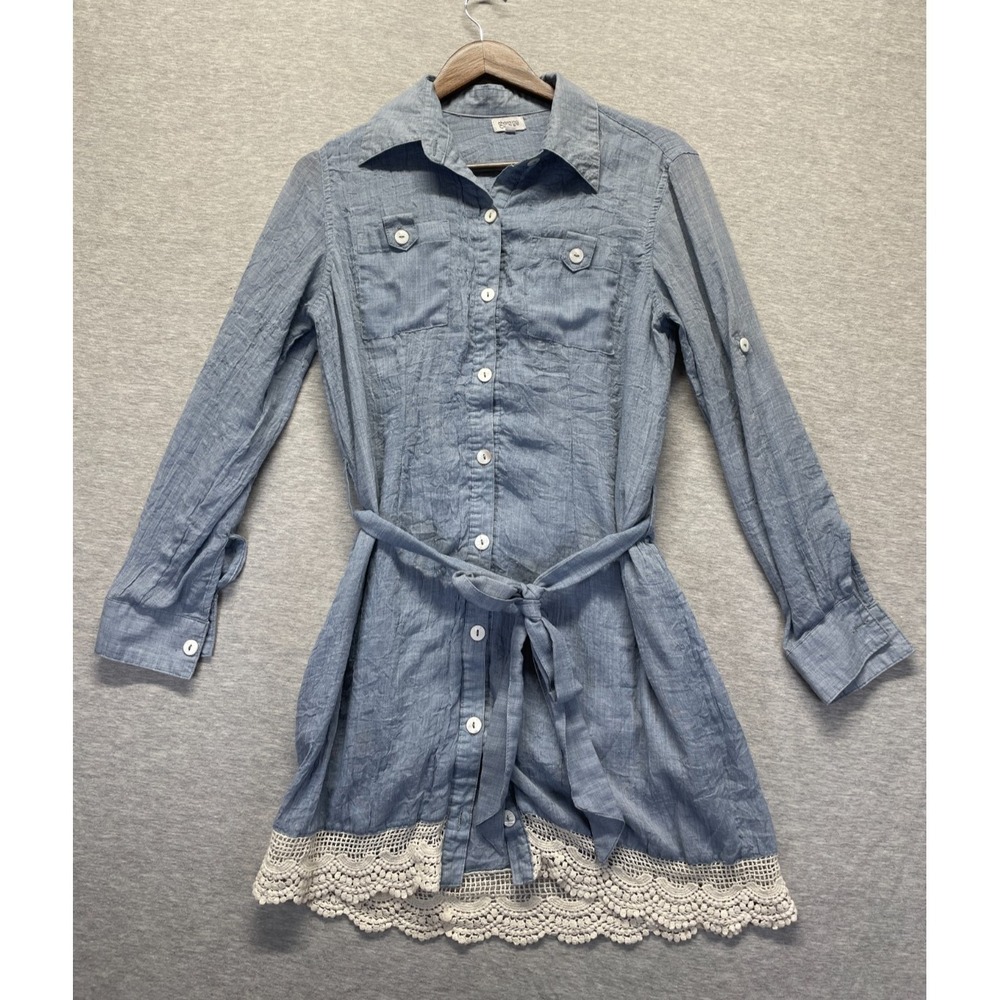 Charming Charlie Shirt Dress Womens Medium Blue Lace Trim Tie Waist Button Front